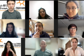 Zoom screenshot featuring a three-by-three grid of nine students