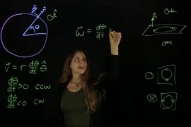 Photo of Michelle Tomasik writing an equation on a transparent board with neon markers. The wall behind her is black.