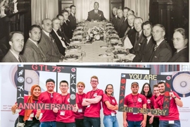 Top historical photo, in black-and-white, shows about 20 men in suits seated at a long formal dinner table. Bottom photo shows a group of students in red T-shirts smiling and horsing around.