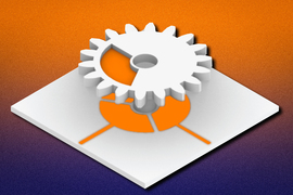 A rotational mechanism, that has an orange floating capacitor inside of it, hovers over a square sheet with an orange sensor patch.