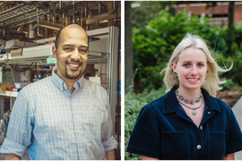Split-screen: Photo of Fikile Brushett standing in a lab and a photo of Kara Rodby standing in front of some greenery