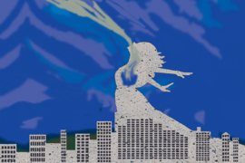 Illustration of a woman made of concrete emerging from a concrete city and inhaling a gray wisp of air, representing the process of carbon uptake.