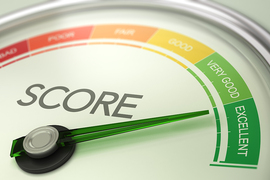 Closeup image of a gauge with the word "SCORE" in bold. Levels are seen in rainbow colors with the options very bad, poor, fair, good, very good, and excellent. The needle is pointing to excellent.