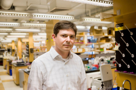 Christopher Voigt stands in a science lab
