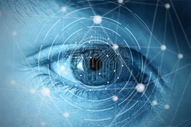 Monotone image of a human eye with grahic representations of a computer network superimposed