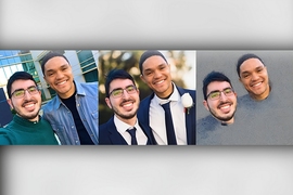 Three images of a man posing next to Trevor Noah. Each has the same face expression and pose. One has them in street clothes, another has them in suits and ties, while a third is just floating heads with a gray edited background