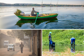Collage of 3 photos: a man rowing a boat across a body of water, farmers bending down to work in rice paddies, and a man walking along an urban street obscured by pollution haze. 