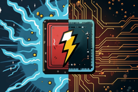 Colorful abstract drawing with blue lightning streaks on the left, gold microcircuits on the right, and a computer chip with a lighting bolt in the middle