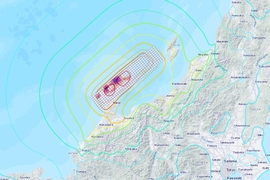 A map of a section of Japan, including the Noto Peninsula, showing the intensity of the January 1st earthquake getting smaller further away from the epicenter, and the slip amplitude, which has two intense clusters near the epicenter of 6 meters.