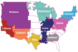 United States map sectioned in nine geographical areas, each in a unique color. The areas are labeled Northwest, California, Southwest, Texas, North Central, Central, Southeast, Atlantic, and Northeast. There are a few white areas with no coverage, especially in midwestern and South Atlantic states