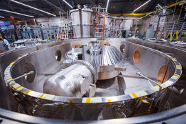 Close-up of large magnet inside a cryostat container