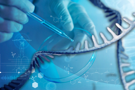 Gloved hands and eye dropper hovers over mRNA strands and shown over synthetic biology iconography