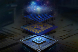 Rendering shows the 4 layers of a semiconductor chip, with the top layer being a vibrant burst of light.