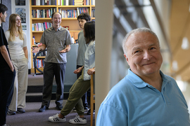 In one photo, Ian Stewart speaks with a group of four graduate students in his office; at right, a portrait photo of Roberto Fernandez