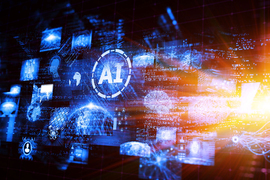 Bursts of blue computer screens and code with “AI” letters