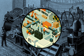 In foreground is an illustration showing a futuristic factory, and in background is a 19th century illustration of a factory.