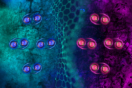 Four blue pairs of electrons, on left, rotate clockwise. A graphene lattice is in the middle. Four red pairs, on right, rotate counter-clockwise.
