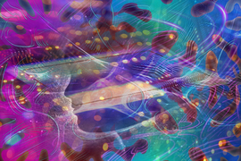 A colorful image with a computer chip, human silhouette, and abstract blobs of energy.