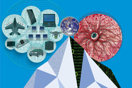 An editorial illustration depicting an iceberg with the earth balanced at the tipping point. To the left is a blue circle enclosing various computer systems, and to the right is a red orb with an eye coming out of a virus-like depiction, representing cybersecurity threats.
