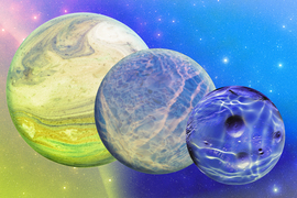Three colorful watery planets in space
