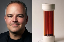 Headshot of Marcelo Coelho on the left, and photo of a cylindrical amber-colored lantern