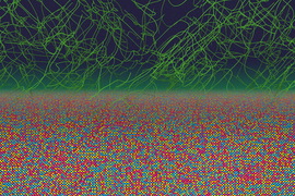 On bottom, layers of colorful molecules. On top, green energy.
