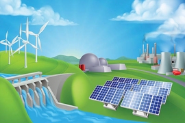 Illustration shows energy sources, including wind, solar, and hydropower in the foreground, with nuclear and fossil fuel plants in the background