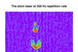 The new atom laser emits pulses of coherent atoms, or atoms that "march in lockstep." Each pulse (shown here) contains 100,000 to several million coherent atoms andis accelerated downward by gravity. The curved shape of the pulses was caused by gravity and forces between the atoms. (Field of view 2.5 mm X 5.0 mm.)