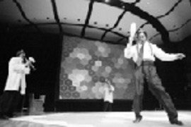 The Flying Karamazov Brothers perform a new piece during Sens*bles that they developed with Associate Professor Neil Gershenfeld's group. The floor has digital sensors and every move of their juggling pins triggers music, so musical pieces can be choreographed or an original symphony created each time they perform on the floor. The performers will use the act on tour next year.
