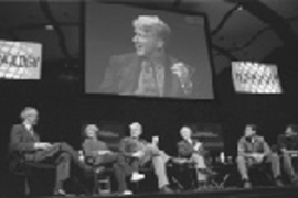 TR 100 panelists for the "Innovation Conversation" symposium were (left to right) President Charles Vest, Marleen McDaniel of Women.com Networks, Robert Metcalfe of International Data Group, broadcast journalist Bill Moyers, Jeff Taylor of Monster.com, and Mark Cuban of Broadcast.com.