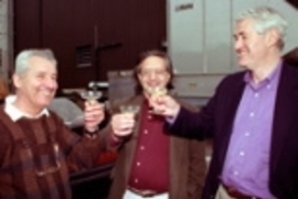 Celebrating the PHOBOS results are (left to right) Professor Wit Busza, Nicholas Samios (director of the Brookhaven National Laboratory) and former Dean of Science Robert Birgeneau, now president of the University of Toronto.