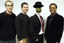 Part of the motivation for the MIT team's Science paper derives from the paintings of Belgian artist Rene Magritte (1898-1967), who often used contextual cues to shape viewers' interpretations of objects in his paintings. Standing here with a recreation of Magritte's 'L'idee' (1966) are (from left) Ethan Meyers, David Cox and Pawan Sinha.