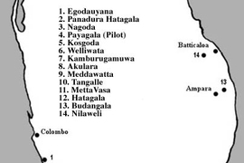 A map of the Prajnopaya Foundation's construction sites in southern Sri Lanka.