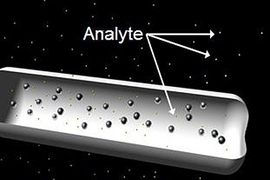 In this image, nanoparticles tailored to detect a particular molecule, or analyte, are suspended within a device that allows them to be delivered into a patient's body <a onclick="MM_openBrWindow('cancer-chip-a-enlarged.html','','width=509, height=583')">
<span onmouseover="this.className='cursorChange';">Open image gallery</span>
</a>
<noscript> <a href="cancer-chip-a-enlarged.html">
<em>(no ...