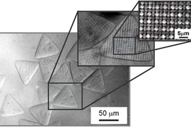 MIT researchers have reported a technique to create microparticles with a granular texture, shown here at three scales.