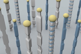 Nanowires fabricated using the new techniques developed by Silvija Gradečak and her team can have varying widths, profiles and composition along their lengths, as illustrated here, where different colors are used to indicate compositional variations.