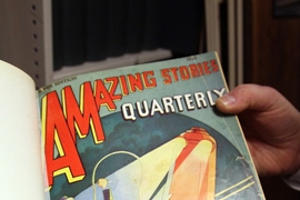 While much of its stacks are filled with novels, the library also features an extensive collection of comic books, graphic novels and vintage publications, such as this sci-fi magazine from the 1920s.