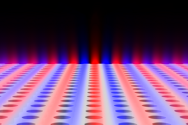 Light is found to be confined within a planar slab with periodic array of holes, although the light is theoretically "allowed" to escape. Blue and red colors indicate surfaces of equal electric field.