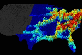 MIT researchers have linked the game theory concept of "price of anarchy" to the spread of contagion. The price of anarchy measures the difference in the spread of a disease between selfish (uncoordinated) and policy-driven (coordinated) human mobility. In this graphic, warm colors indicate geographical areas (such as the I-95 commuting corridor) with a high price of anarchy.