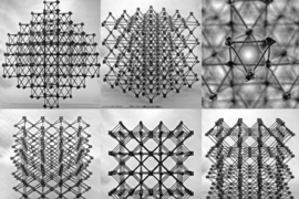 Assemblies of the cellular composite material are seen from different perspectives, showing the repeating "cuboct" lattice structure, made from many identical flat cross-shaped pieces.