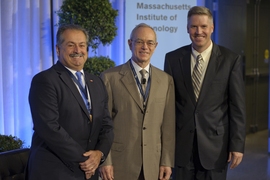 From left: Dow Chemical CEO Andrew Liveris with MIT President L. Rafael Reif and Acting Deputy Secretary of Commerce Patrick D. Gallagher at MIT's Production in the Innovation Economy (PIE) Conference held on Sept. 20.