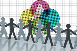 Eight stick figures hold hands in line in front of tri-circle symbol