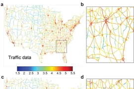 Actual data on traffic times through the U.S. highway system (a) and a closeup view of one region (b) are compared with comparable data obtained through the simulation system devised by the researchers (c and d), showing a good agreement between the two.