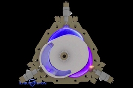 In the X Mini, an oval rotor orbits a rounded triangular housing, creating three combustion chambers. Asymmetrical location of intake and exhaust ports on the rotor allows for overexpansion (shown in purple), where the engine has more time to extract energy from the fuel. It also accommodates constant volume combustion, where compressed gas is held in the chamber for an extended period (shown in b...