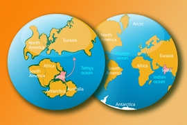 In this artist's rendering, the left image shows what Earth looked like more than 140 million years ago, when India was part of an immense supercontinent called Gondwana. The right image shows Earth today.
