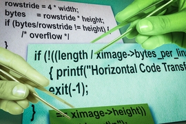 Drawing of hands holding tweezers, against a background with lines of code.
