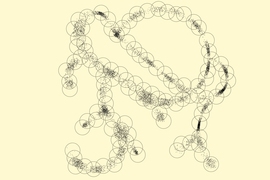 Illustration of points in an arbitrary high-dimensional space that live close to a one-dimensional, tree-like structure, as might arise from genomes generated by mutation and selection in evolution. Although high-dimensional at a fine scale, at the coarser scale of covering spheres, the data cloud looks nearly one-dimensional, which enables entropy scaling of similarity search.
