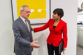 Reif and Pritzker speak ahead of their remarks, delivered at the Koch Institute for Integrative Cancer Research.