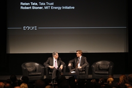 A panel on energy in the developing world featured Ratan Tata, chairman of Tata Trust (left), and Robert Stoner, deputy director for Science and Technology for the MIT Energy Initiative.