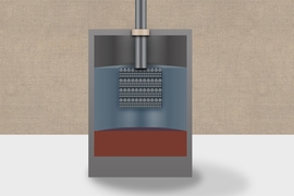 An artist’s rendering of a calcium liquid battery.
